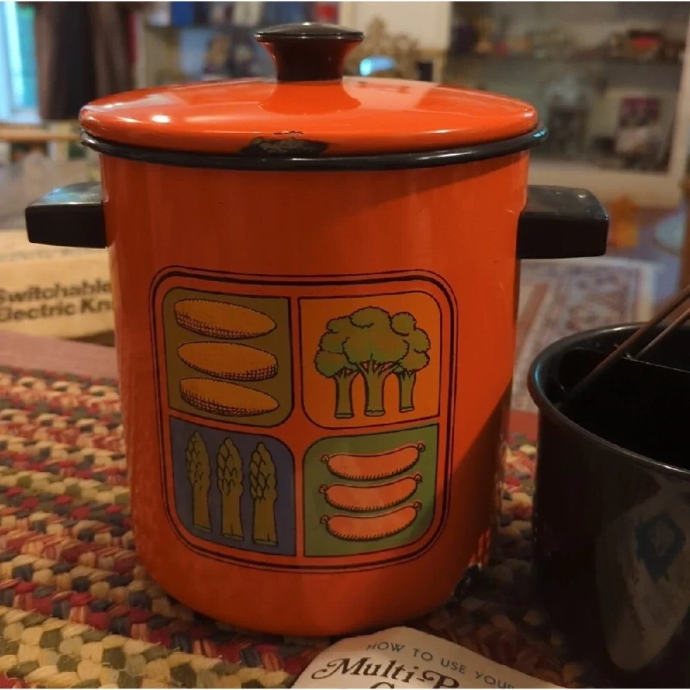 MID CENTURY Burnt Orange Multi Purpose Enamel Stovetop Cooker With Insert Basket